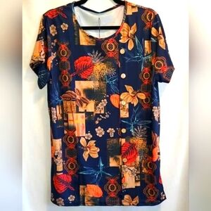 ✨️NWT Casual Blue and Red Mock Button Down Shirt with Artistic Patterns
